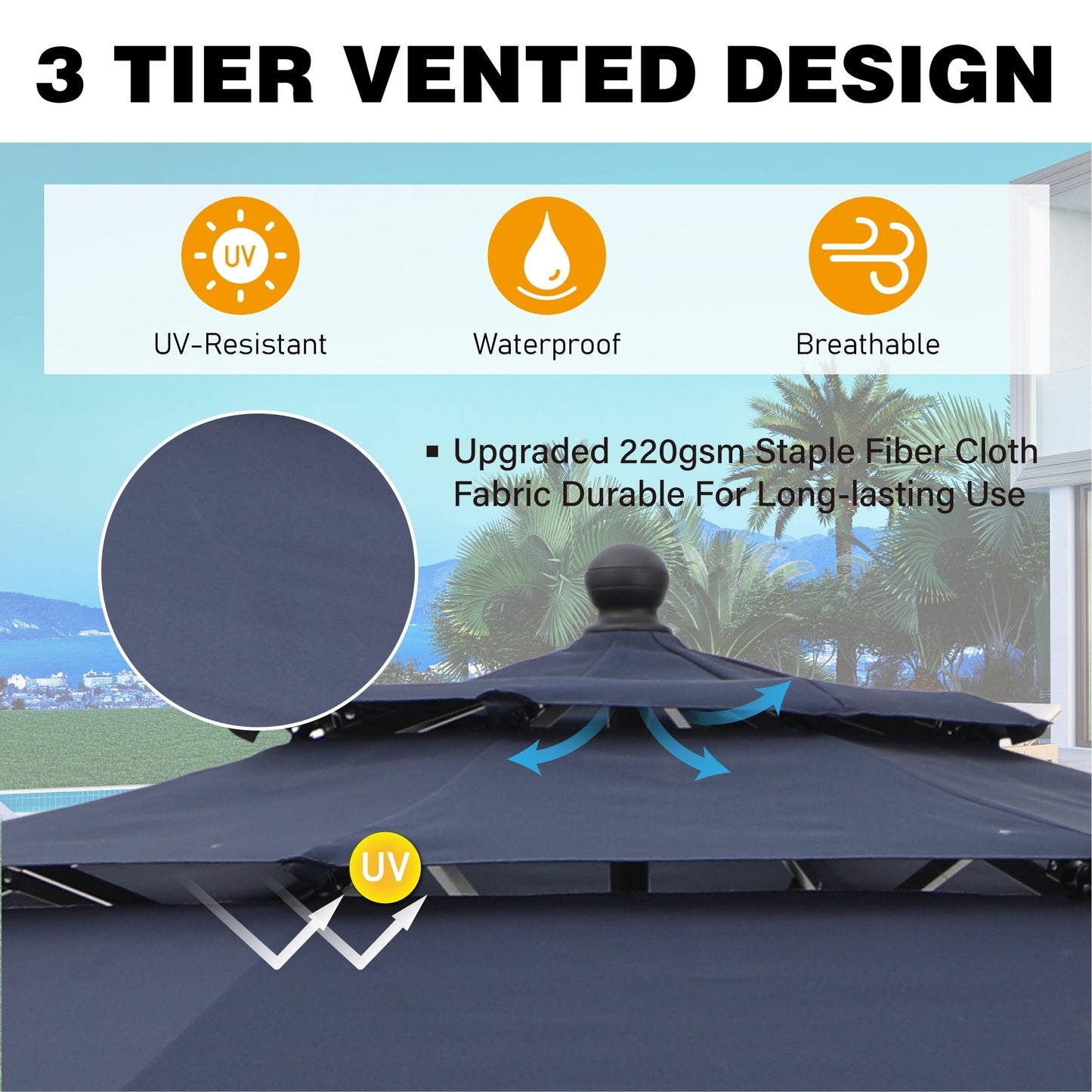 Parasol d'extérieur MAISON ARTS de 3 m (10 pi) à 3 niveaux, ventilé, avec inclinaison automatique et manivelle.