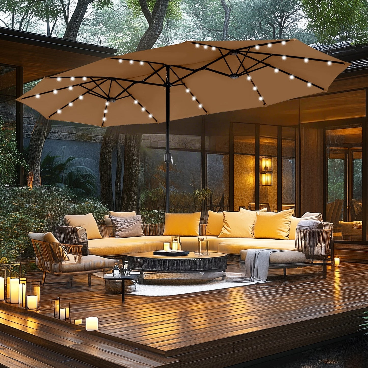 Parasol de marché d'extérieur rectangulaire à manivelle double face MAISON ARTS de 4,57 m (15 pi), avec éclairage solaire à DEL et base incluse