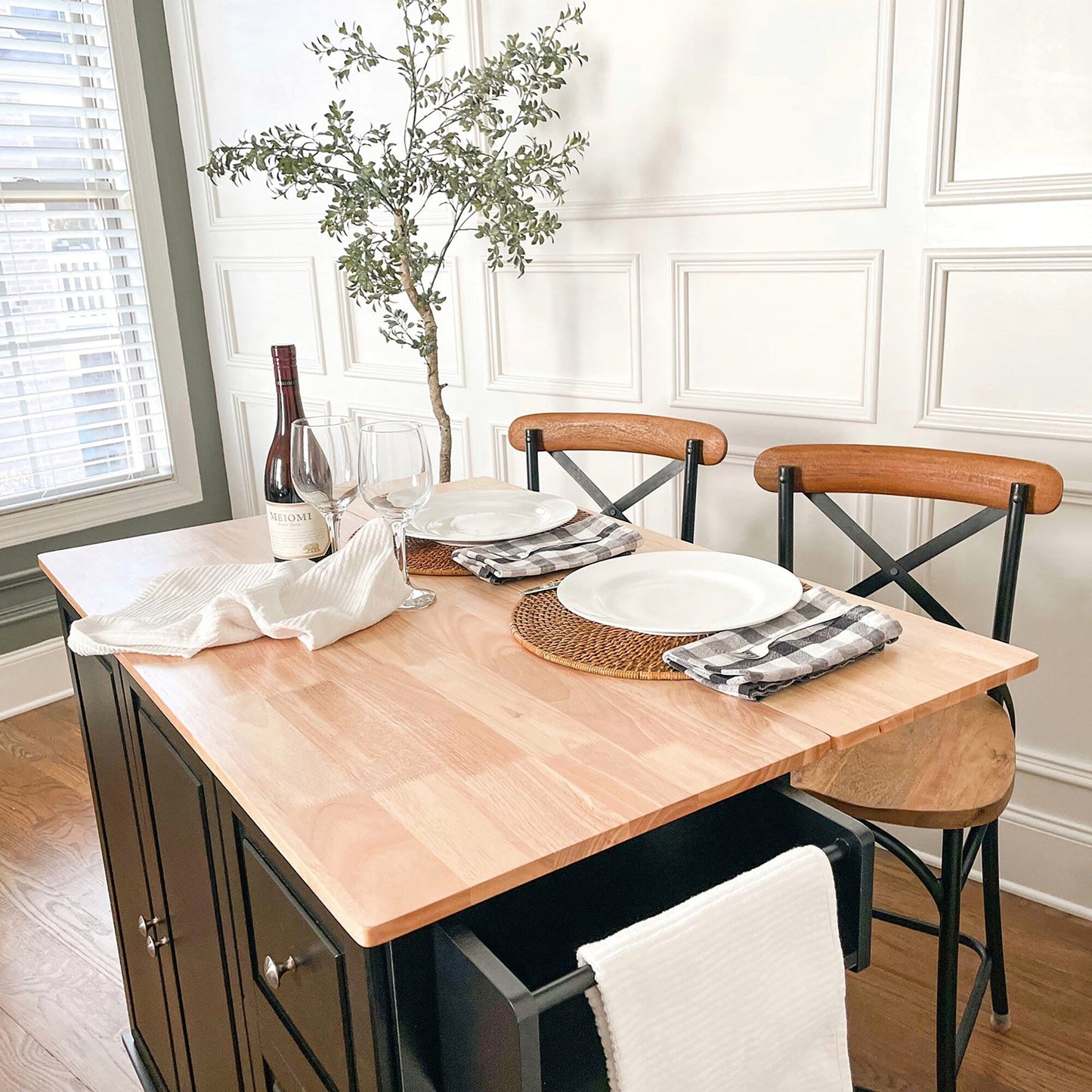 Chariot de cuisine Sophia &amp; William avec plateau rabattable en bois d'hévéa, chariot de cuisine roulant avec grand meuble de rangement