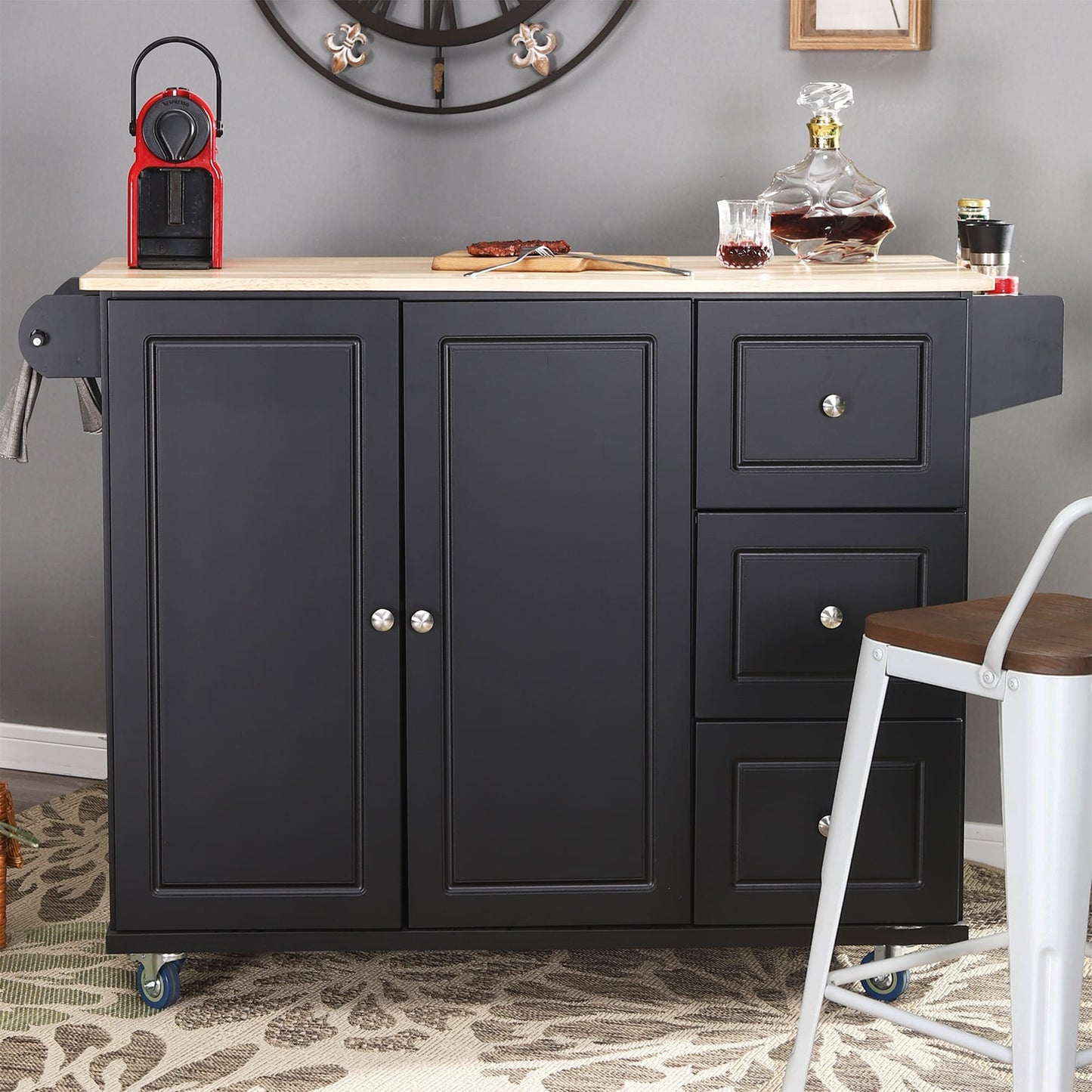 Chariot de cuisine Sophia &amp; William avec plateau rabattable en bois d'hévéa, chariot de cuisine roulant avec grand meuble de rangement