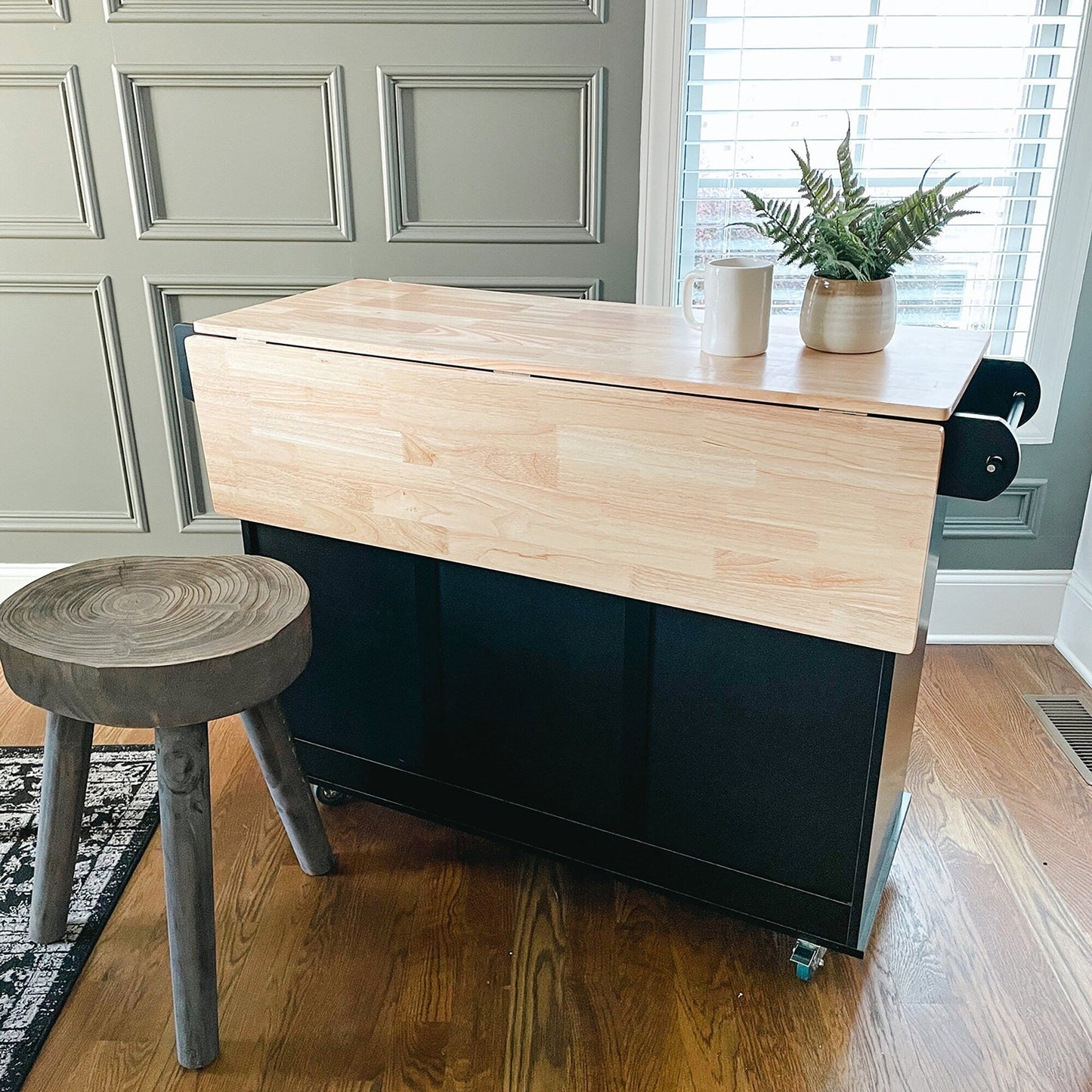 Chariot de cuisine Sophia &amp; William avec plateau rabattable en bois d'hévéa, chariot de cuisine roulant avec grand meuble de rangement