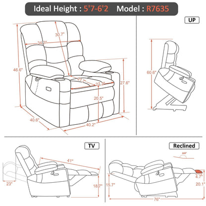 Fauteuil inclinable électrique à double moteur MCombo, grand format, avec massage et double chauffage, pour personnes âgées de grande taille, tissu R7635