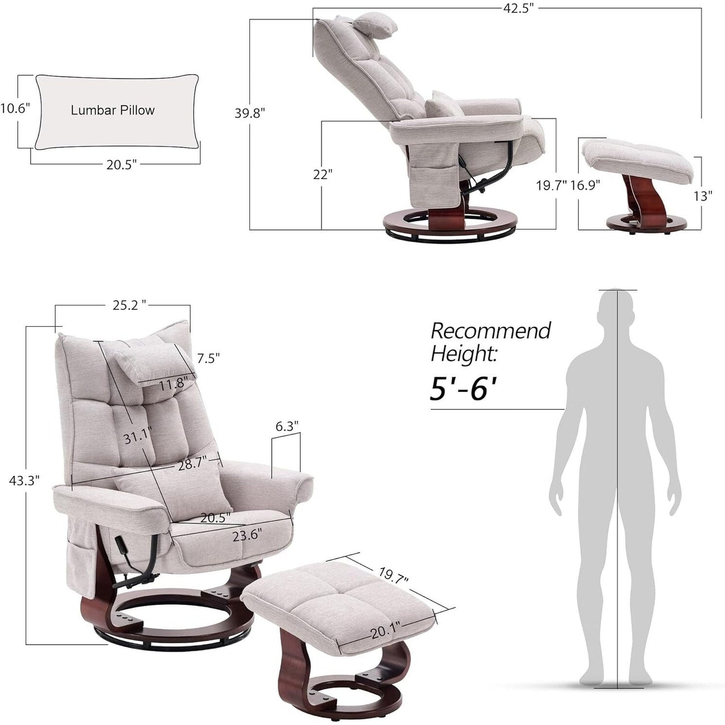 Ensemble de 2 fauteuils inclinables pivotants avec pouf et coussin de nuque, tissu chenille