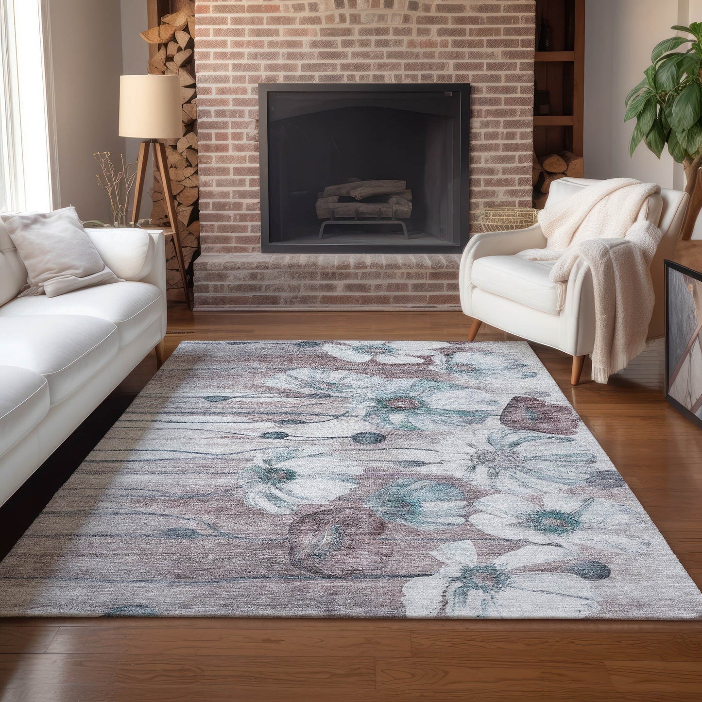 Tapis Chantille moderne à motif floral, lavable en machine, pour intérieur/extérieur