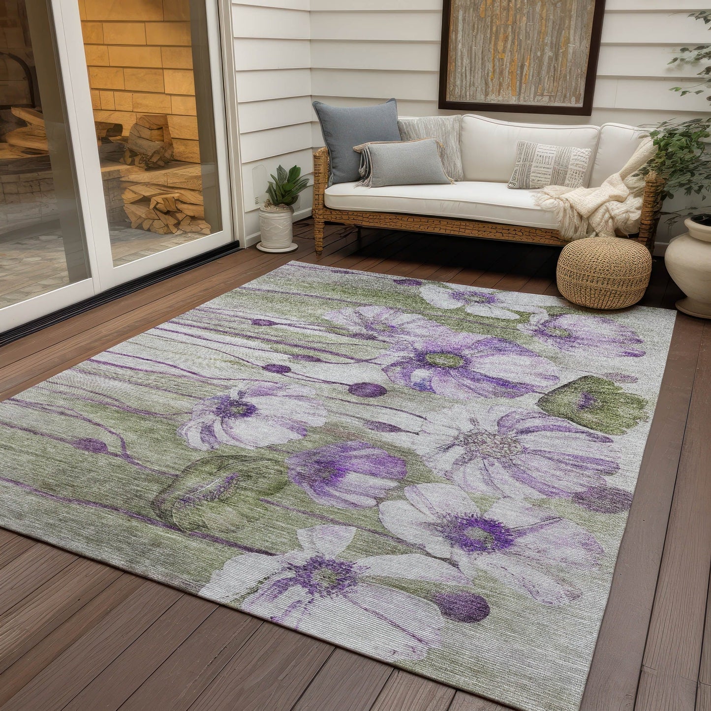Tapis Chantille moderne à motif floral, lavable en machine, pour intérieur/extérieur