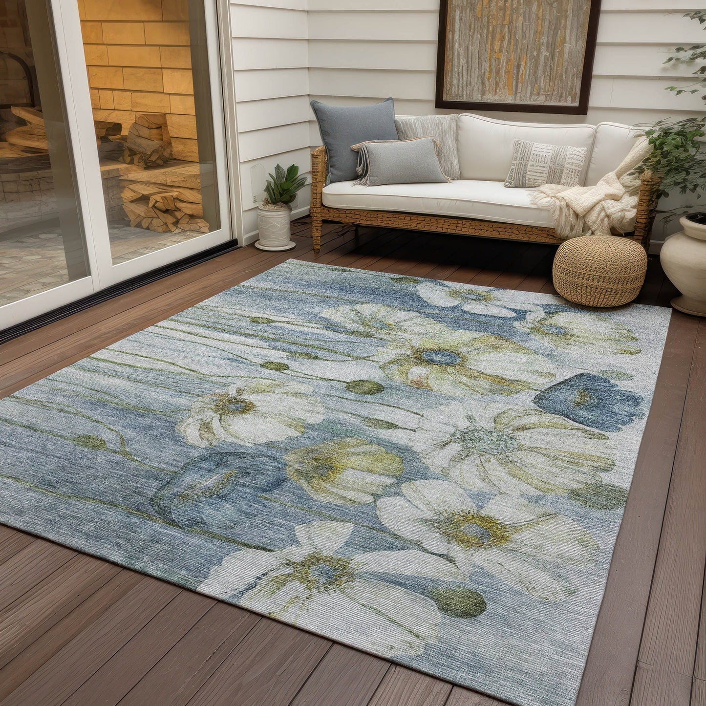 Tapis Chantille moderne à motif floral, lavable en machine, pour intérieur/extérieur