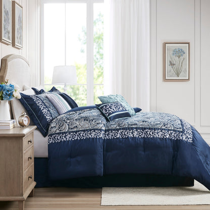 Ensemble de couette jacquard 7 pièces Madison Park Elaine bleu marine