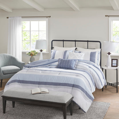 Ensemble de couette jacquard 5 pièces Madison Park Levi Blue/Naturel