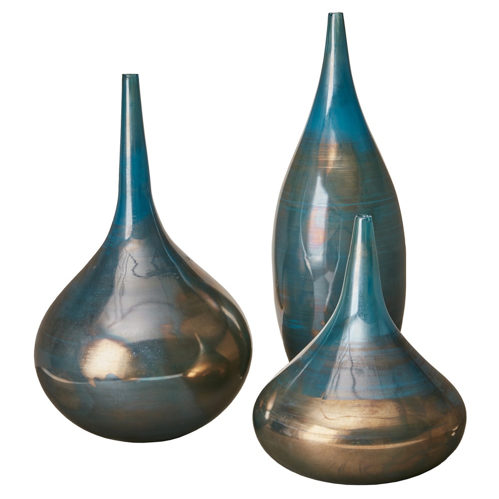 Ensemble de 3 vases décoratifs en verre bleu aurore et bronze Madison Park Signature