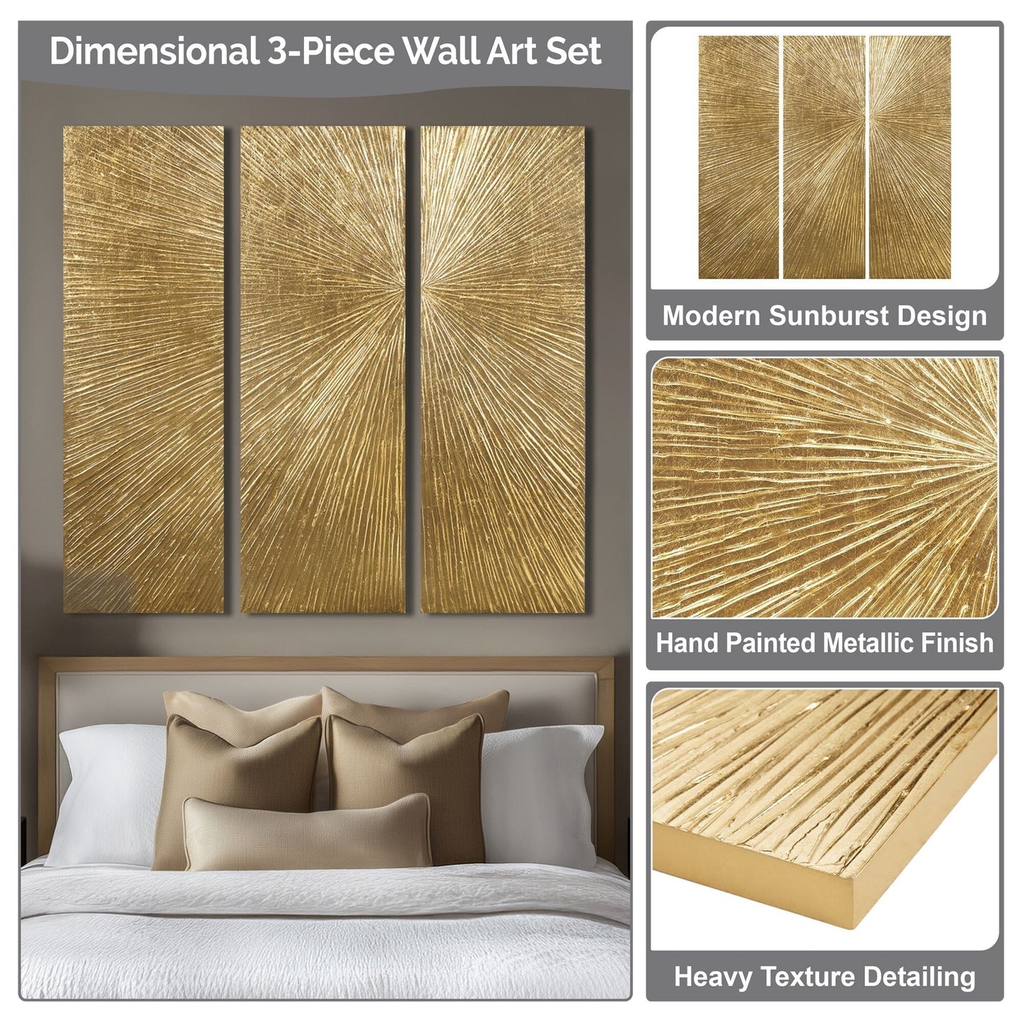 Ensemble de 3 triptyques peints à la main Madison Park Signature Sunburst en résine 3D