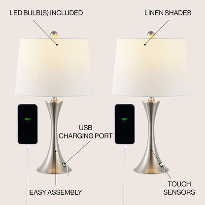 Lampe de table LED Makena 22,75 en fer forgé, style sablier, avec port de chargement USB (lot de 2), par JONATHAN Y