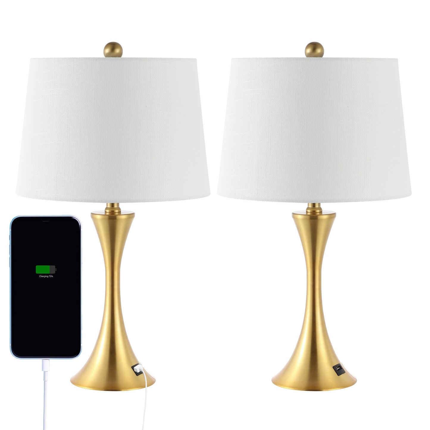 Lampe de table LED Makena 22,75 en fer forgé, style sablier, avec port de chargement USB (lot de 2), par JONATHAN Y