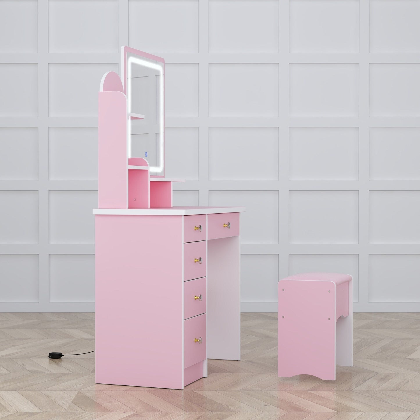 Ensemble coiffeuse avec lumière LED, miroir et tabouret