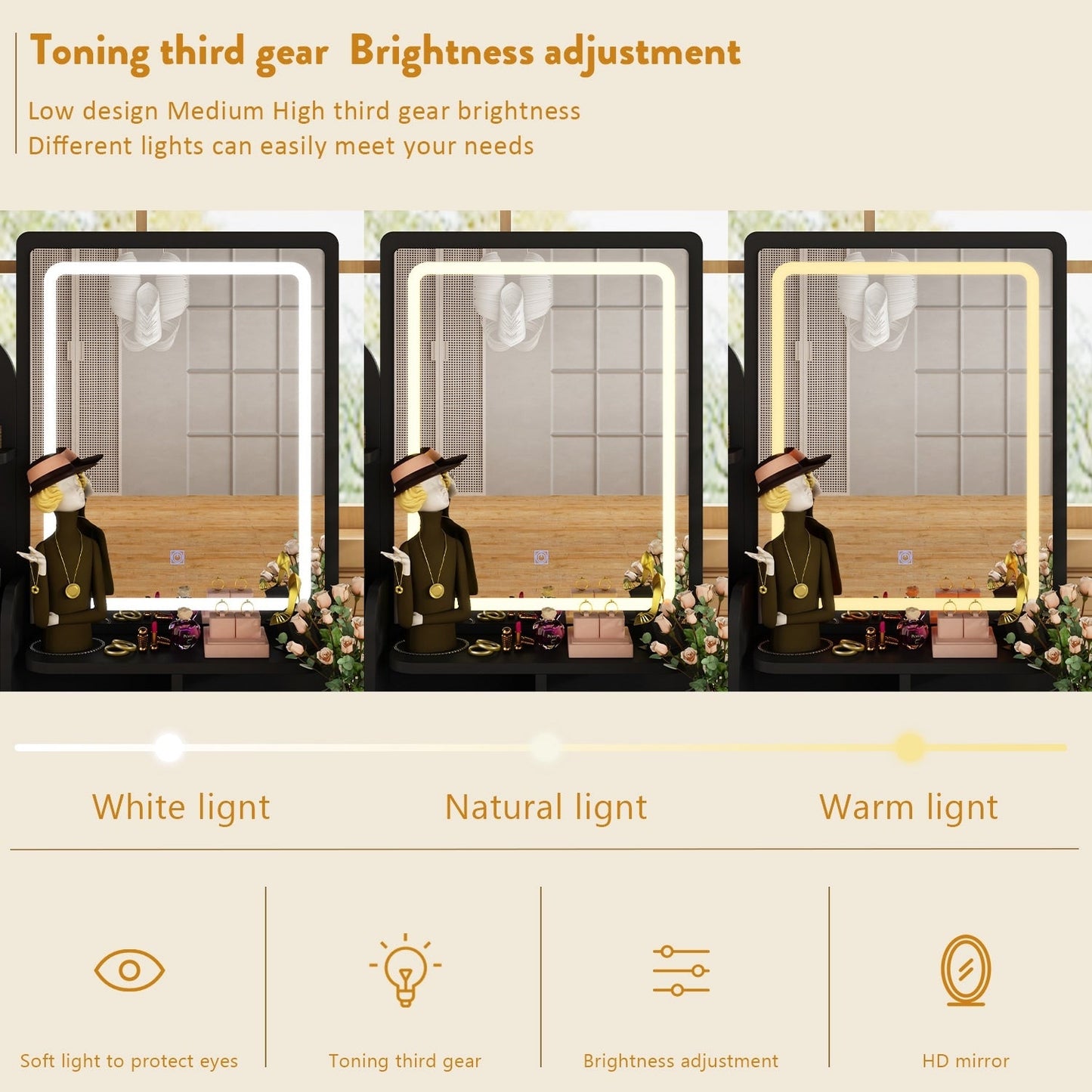 Ensemble coiffeuse avec lumière LED, miroir et tabouret