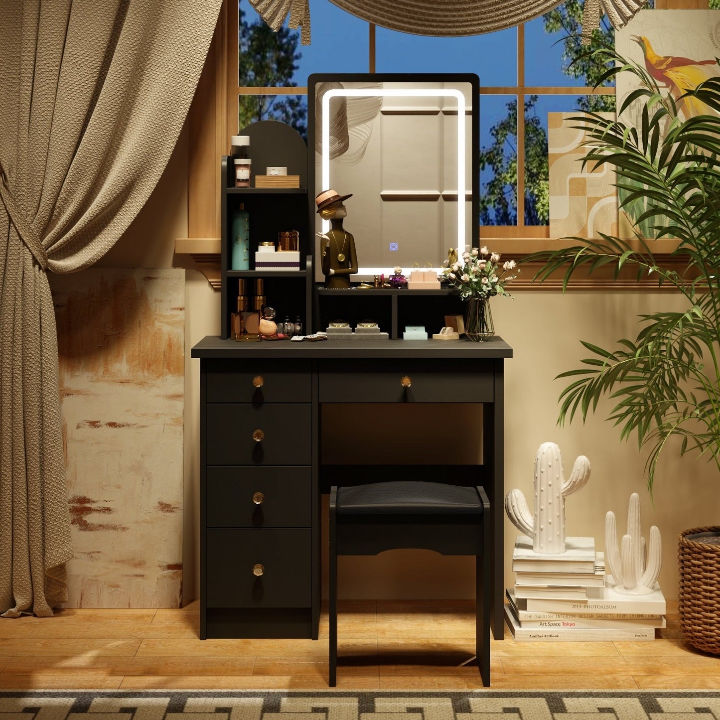 Ensemble coiffeuse avec lumière LED, miroir et tabouret