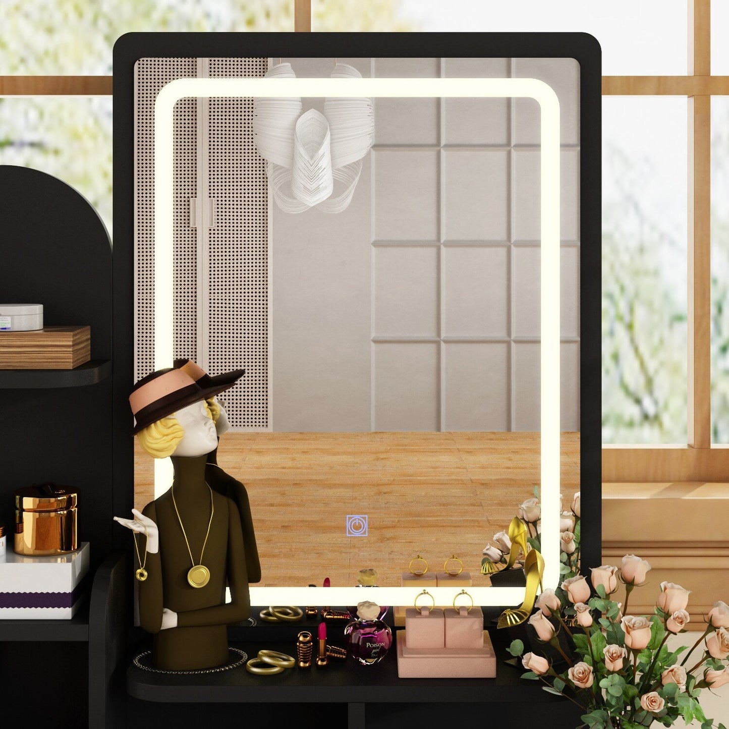 Ensemble coiffeuse avec lumière LED, miroir et tabouret