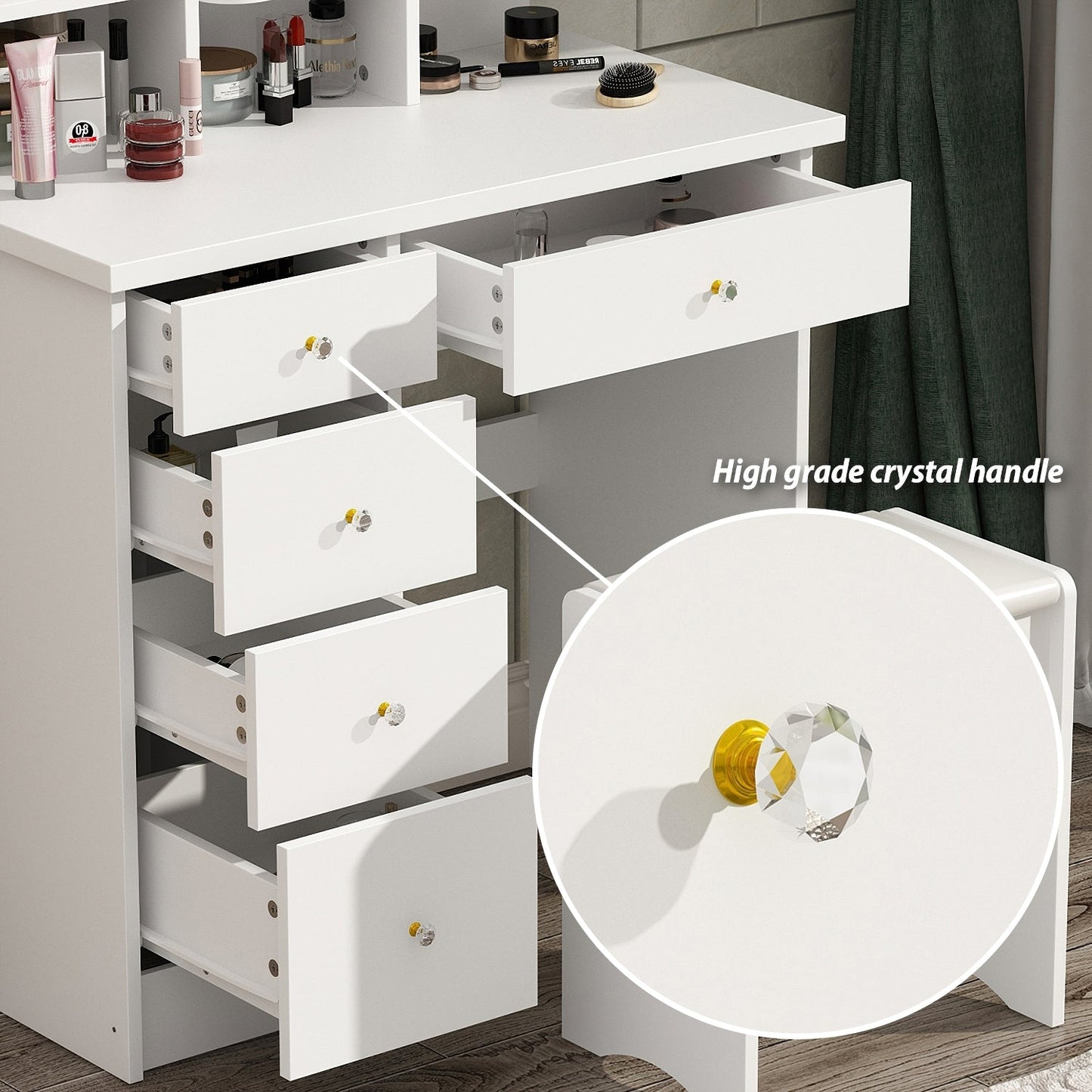 Ensemble coiffeuse avec lumière LED, miroir et tabouret