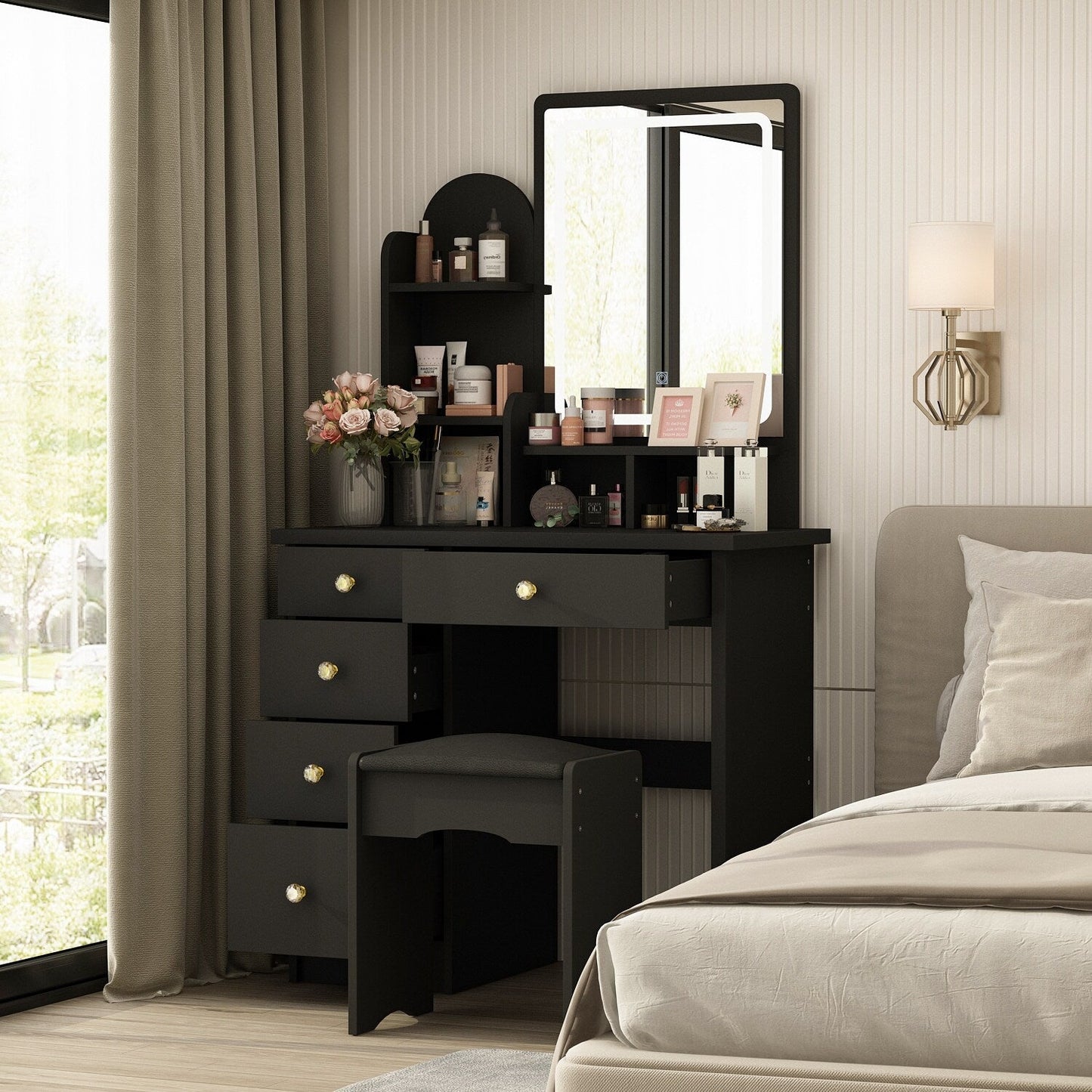 Ensemble coiffeuse avec lumière LED, miroir et tabouret