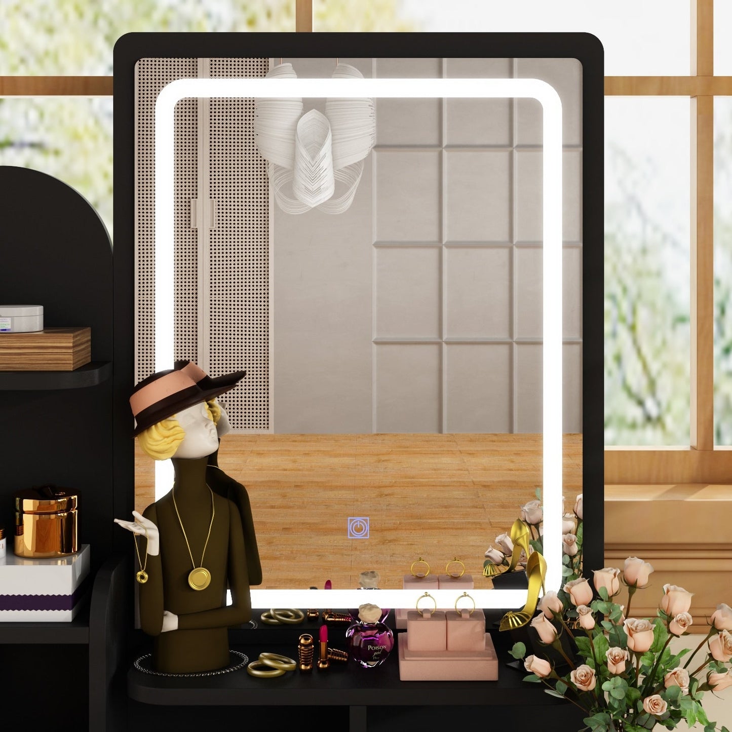 Ensemble coiffeuse avec lumière LED, miroir et tabouret