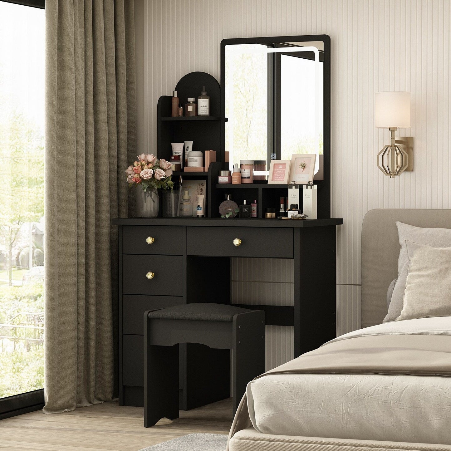 Ensemble coiffeuse avec lumière LED, miroir et tabouret