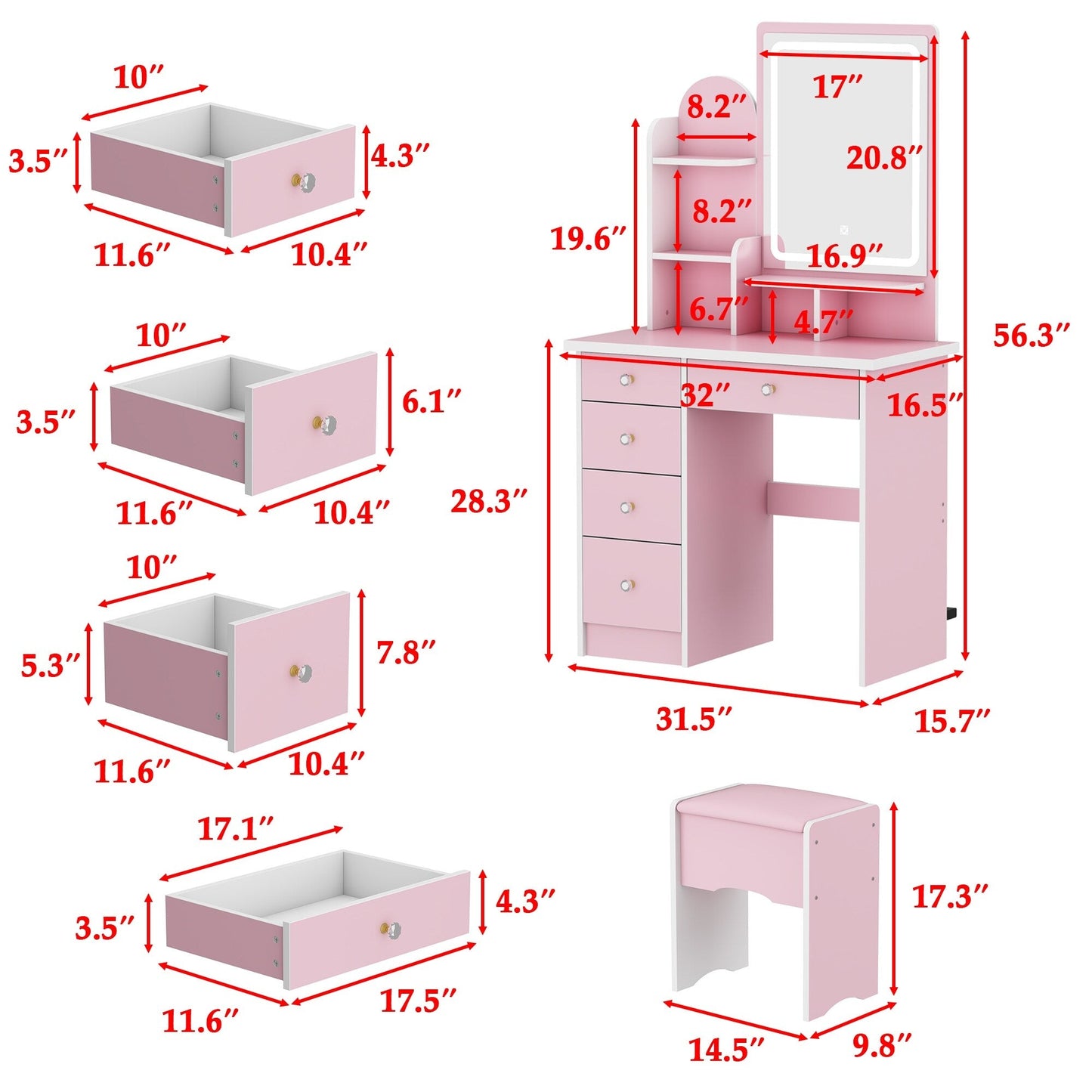 Ensemble coiffeuse avec lumière LED, miroir et tabouret