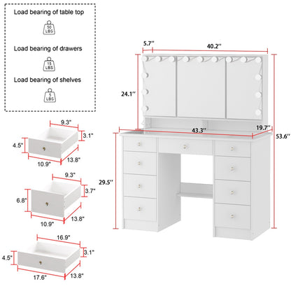 Coiffeuse avec miroir à trois volets, éclairage certifié, plateau en verre