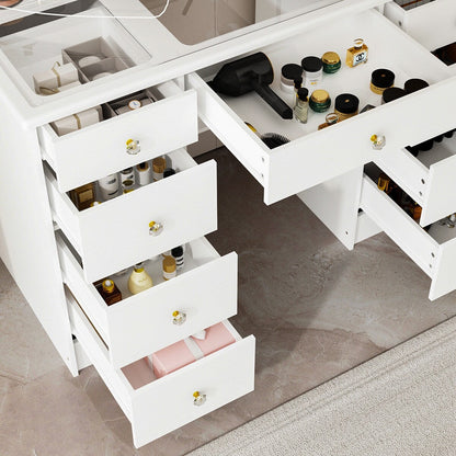 Coiffeuse avec miroir à trois volets, éclairage certifié, plateau en verre