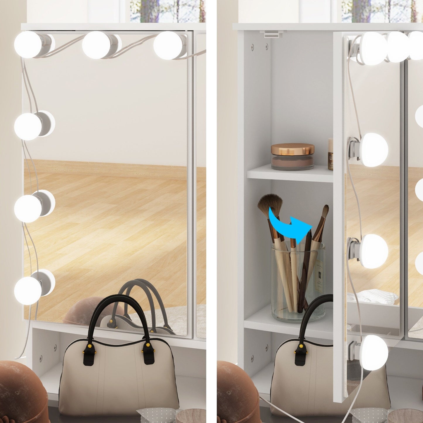 Coiffeuse avec miroir à trois volets, éclairage certifié, plateau en verre