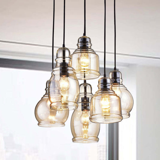 Suspension Mariana en verre cognac noir antique, base ronde, 6 lumières