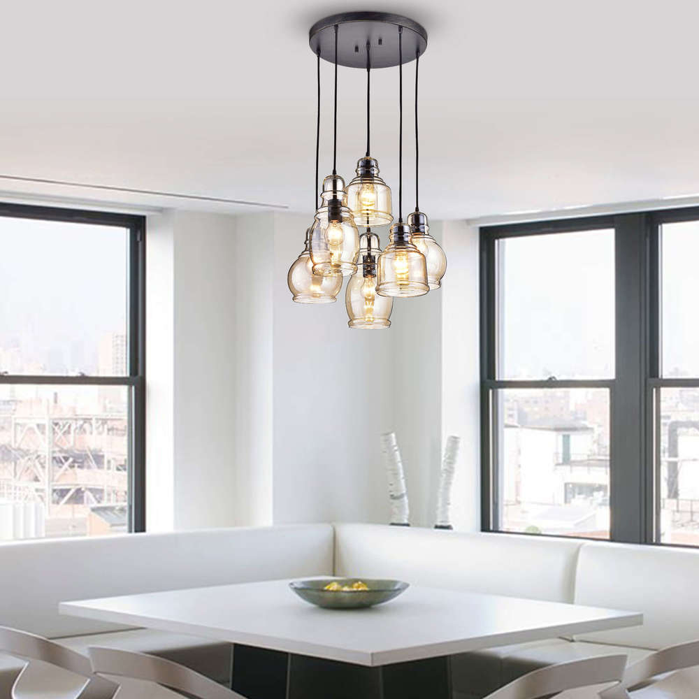 Suspension Mariana en verre cognac noir antique, base ronde, 6 lumières