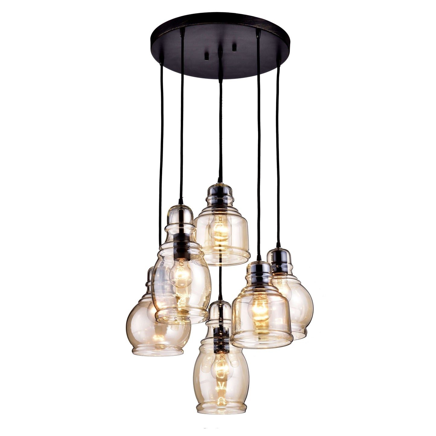 Suspension Mariana en verre cognac noir antique, base ronde, 6 lumières