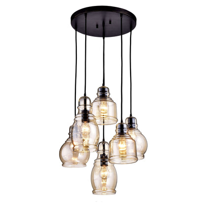 Suspension Mariana en verre cognac noir antique, base ronde, 6 lumières