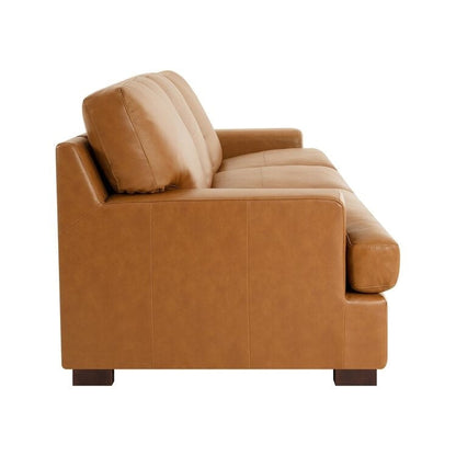 Canapé moderne en cuir véritable avec pieds en bois et coussin cylindrique supplémentaire