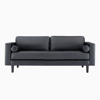 Canapé moderne en cuir véritable avec pieds en bois et coussin cylindrique supplémentaire