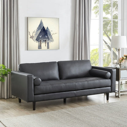 Canapé moderne en cuir véritable avec pieds en bois et coussin cylindrique supplémentaire