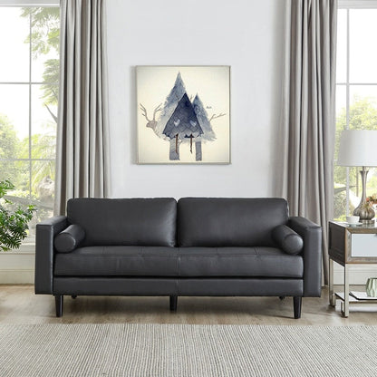 Canapé moderne en cuir véritable avec pieds en bois et coussin cylindrique supplémentaire