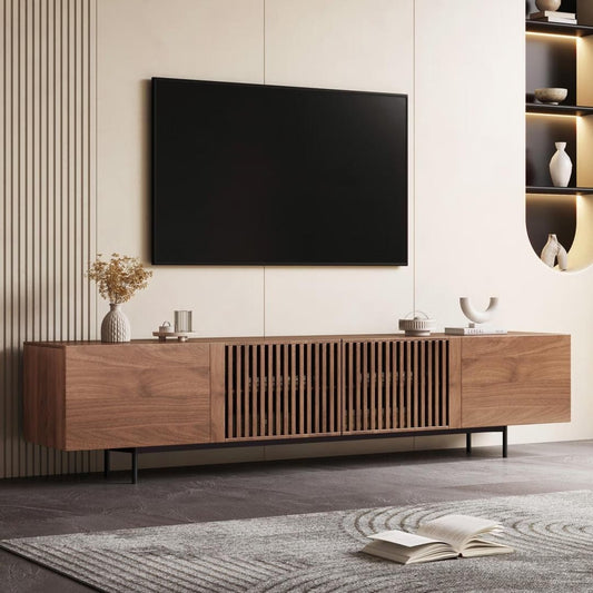 Meuble TV de style moderne du milieu du siècle avec 4 portes de rangement, compatible avec les téléviseurs jusqu'à 100 pouces, centre de divertissement pour le salon