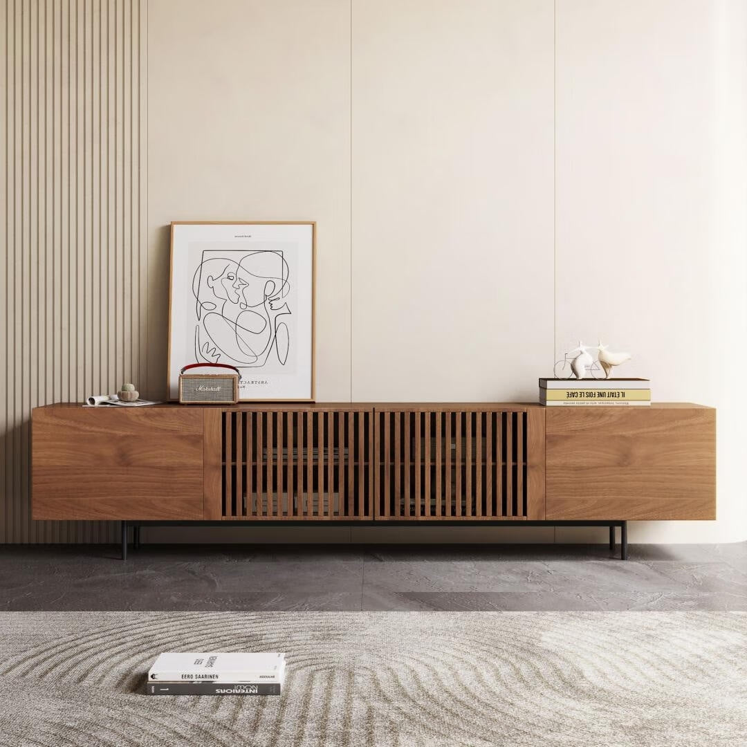 Meuble TV de style moderne du milieu du siècle avec 4 portes de rangement, compatible avec les téléviseurs jusqu'à 100 pouces, centre de divertissement pour le salon