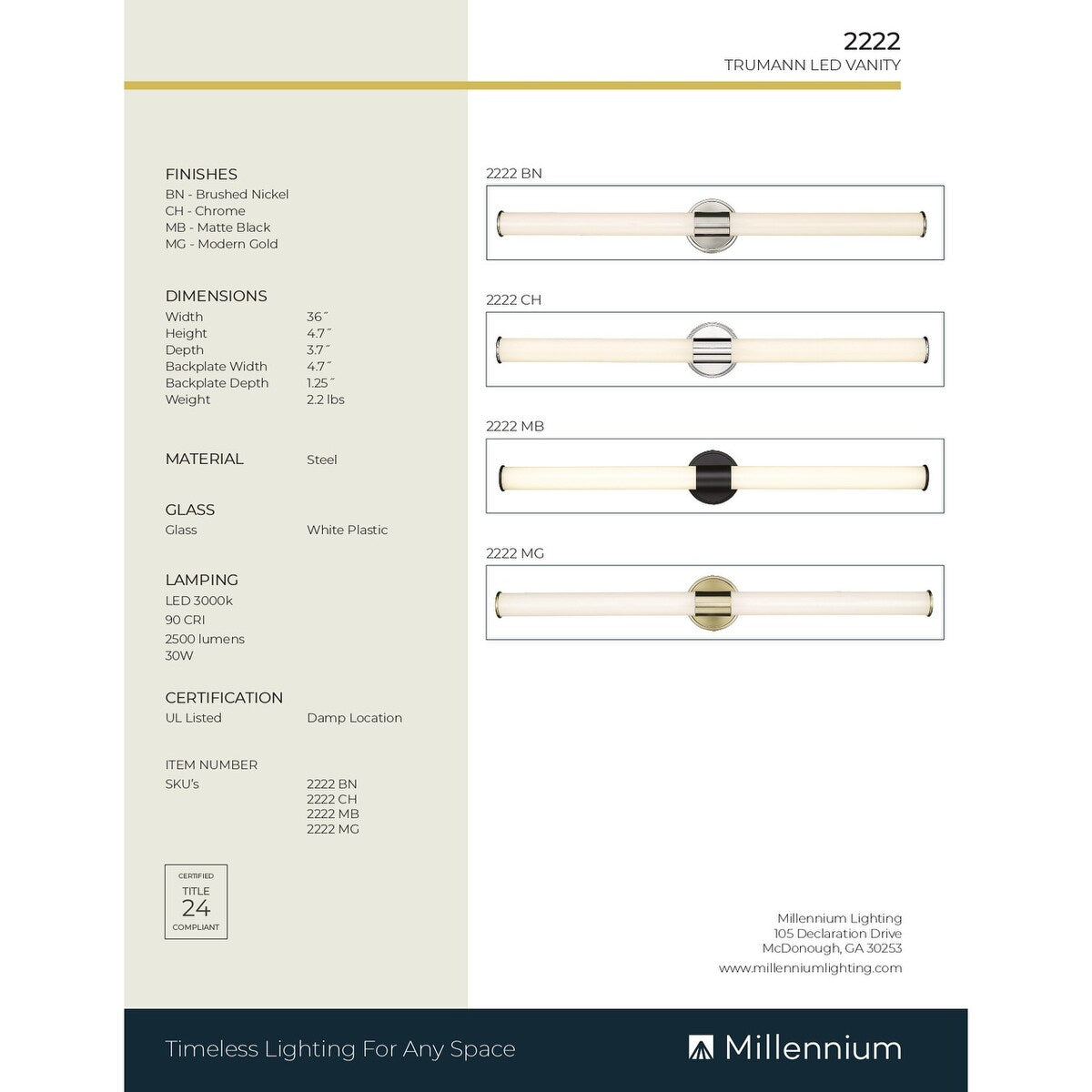 Luminaire de salle de bain à DEL Truman de Millennium Lighting, disponible en plusieurs finitions
