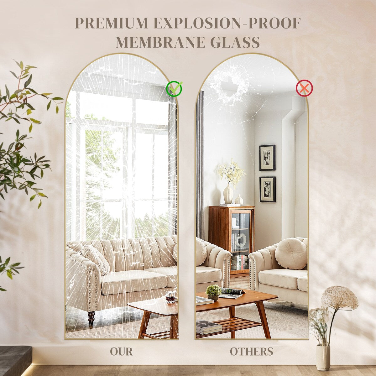 Miroir mural pleine longueur avec verre incassable, sur pied pour chambre ou dressing