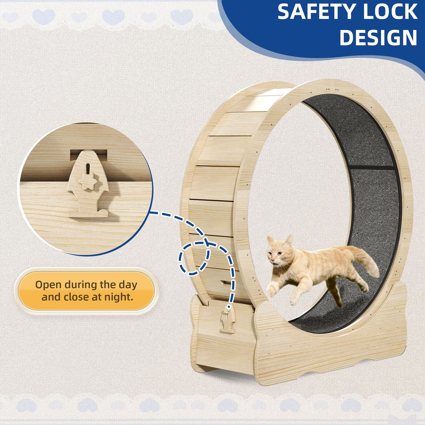 Tapis roulant d'exercice Moasis en bois de 110 cm (43,3 pouces) pour grands chats, avec piste de course recouverte de moquette