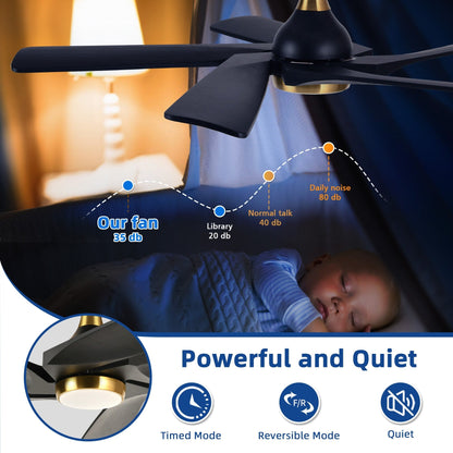 Ventilateur de plafond moderne Moasis 52 avec télécommande, éclairage et 5 pales en bois massif