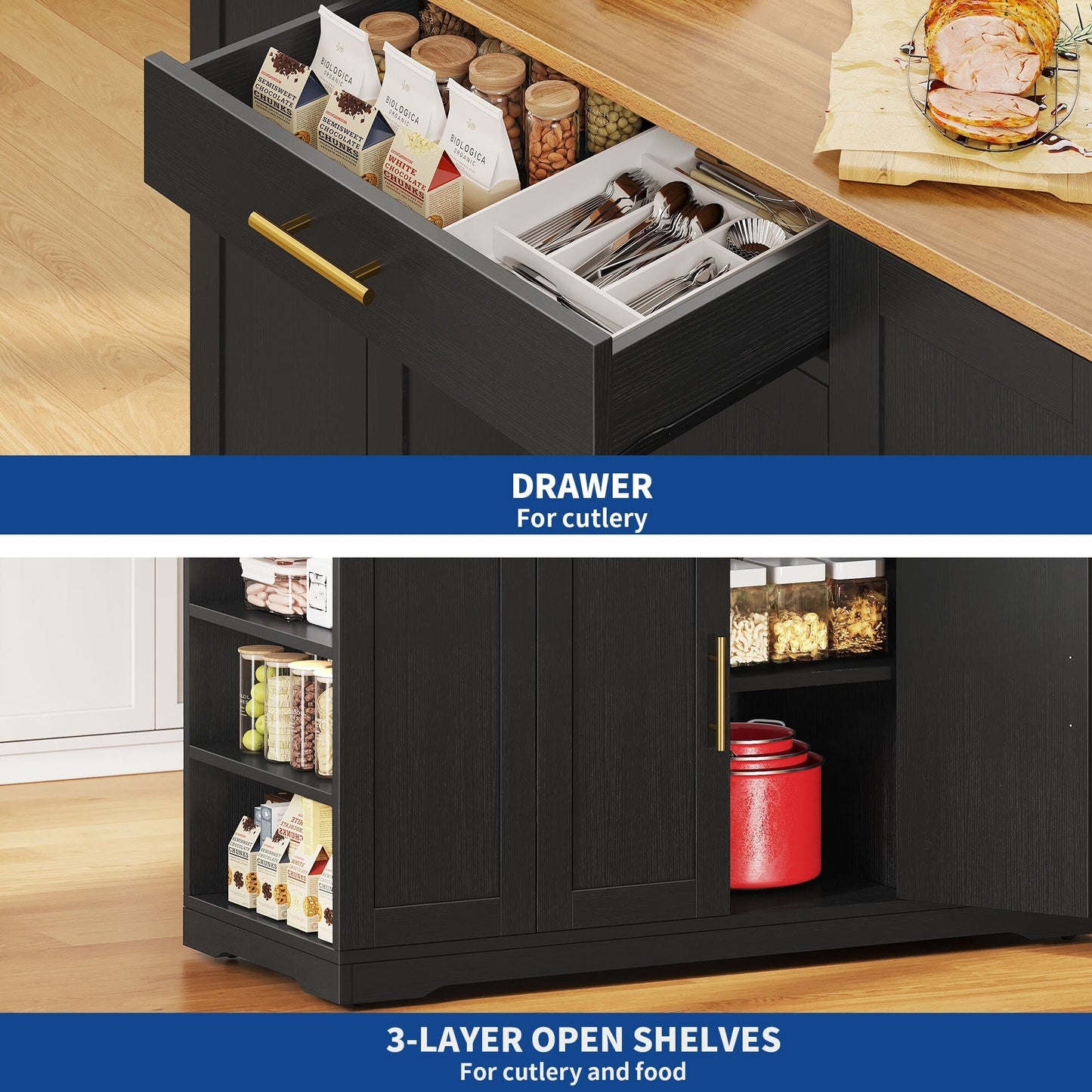 Moasis 53 pouces, meuble de rangement pour îlot de cuisine mobile et portable