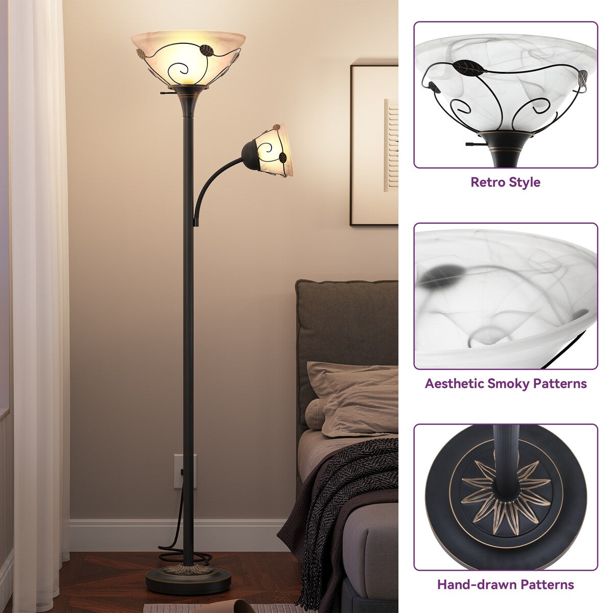 Lampadaire torche traditionnel Moasis 71 avec lampe de lecture réglable, abat-jour en verre albâtre - 180 cm de hauteur