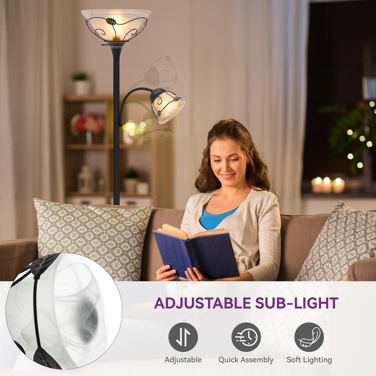 Lampadaire torche traditionnel Moasis 71 avec lampe de lecture réglable, abat-jour en verre albâtre - 180 cm de hauteur