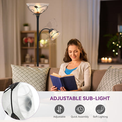 Lampadaire torche traditionnel Moasis 71 avec lampe de lecture réglable, abat-jour en verre albâtre - 180 cm de hauteur