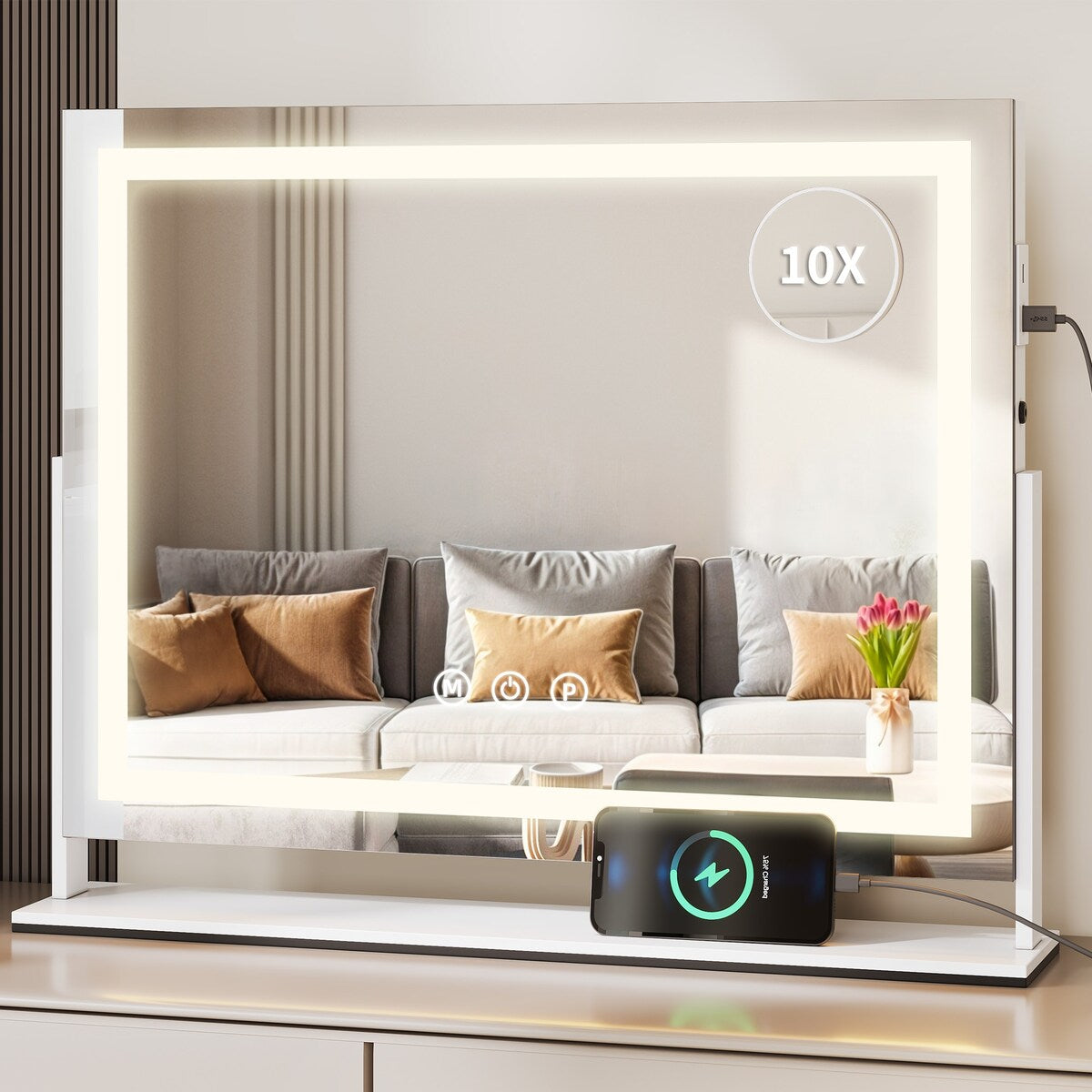 Miroir de maquillage Moasis avec lumière LED, port de chargement USB, grossissement x10 et haut-parleur Bluetooth.