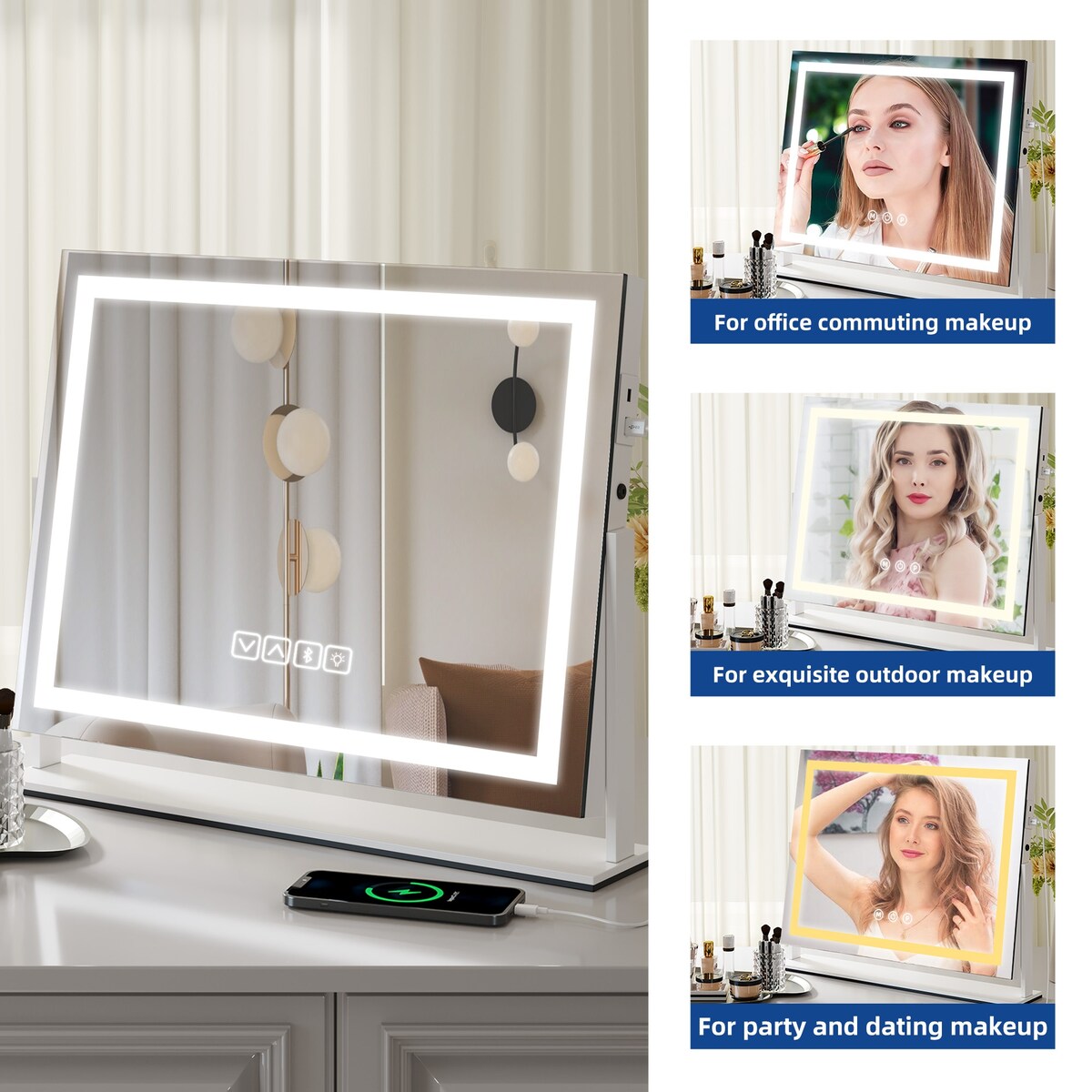 Miroir de maquillage Moasis avec lumière LED, port de chargement USB, grossissement x10 et haut-parleur Bluetooth.
