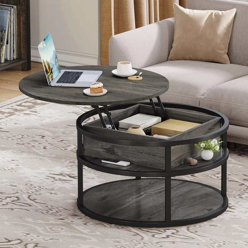 Table basse ronde Moasis avec plateau relevable et rangement dissimulé