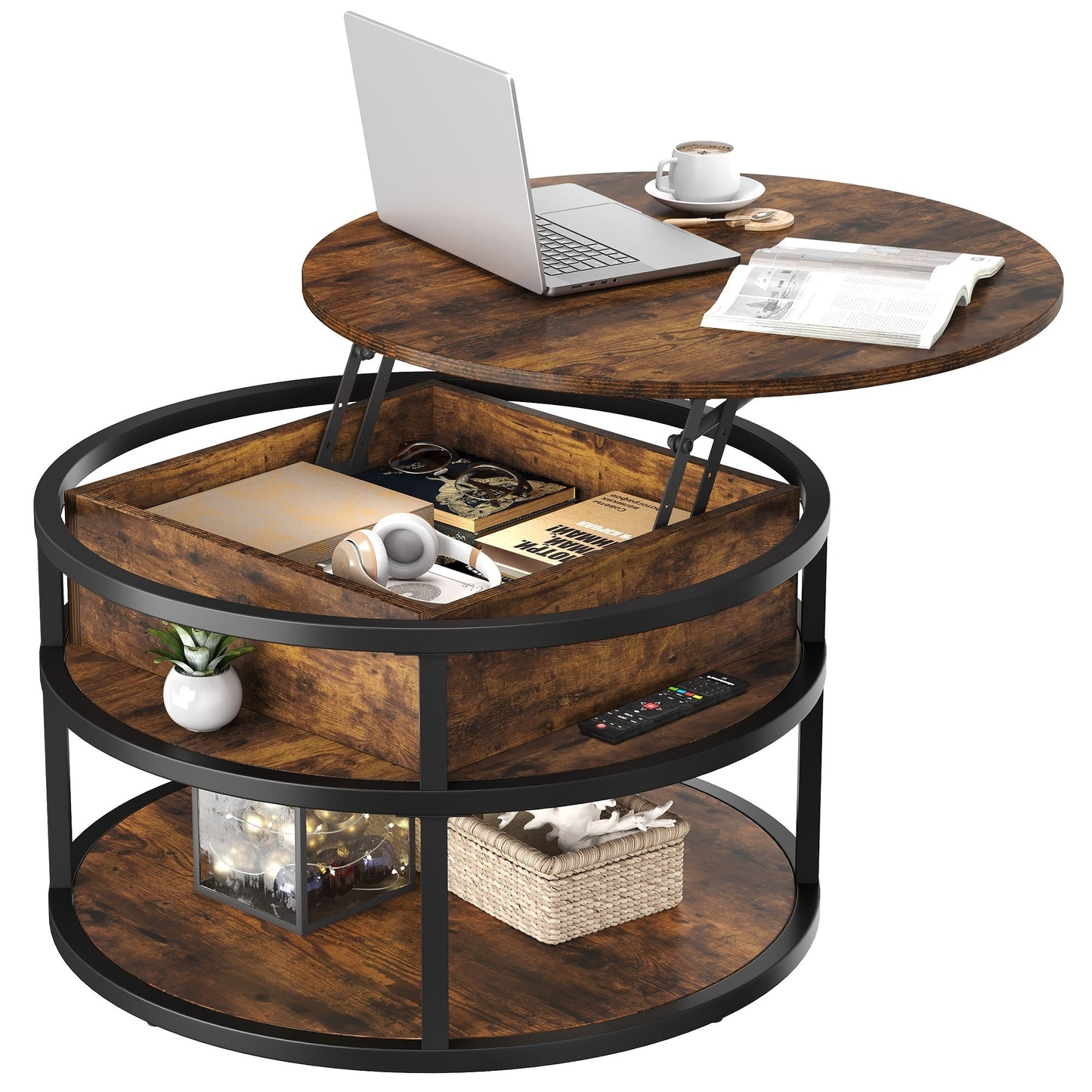 Table basse ronde Moasis avec plateau relevable et rangement dissimulé